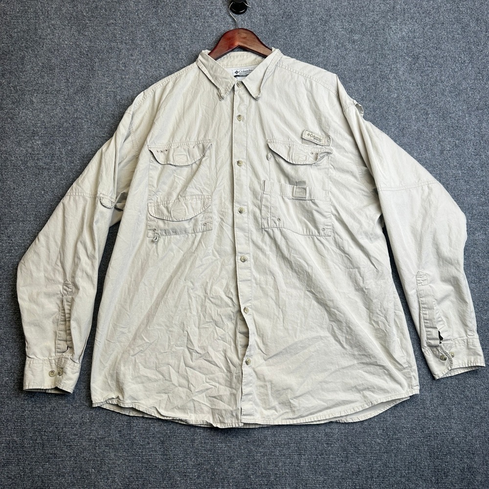 Columbia PFG Long Sleeve Fishing Shirt‎ Mens XL Beige Outdoors Hiking Utility